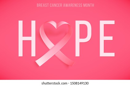 Poster Hope with realistic pink ribbon heart shaped, breast cancer awareness symbol in october, vector illustration