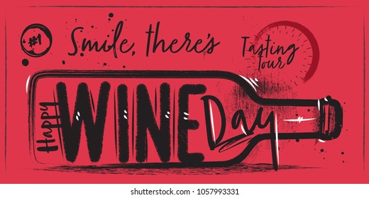 A poster with a horizontal bottle of wine and lettering. Wine Red Background