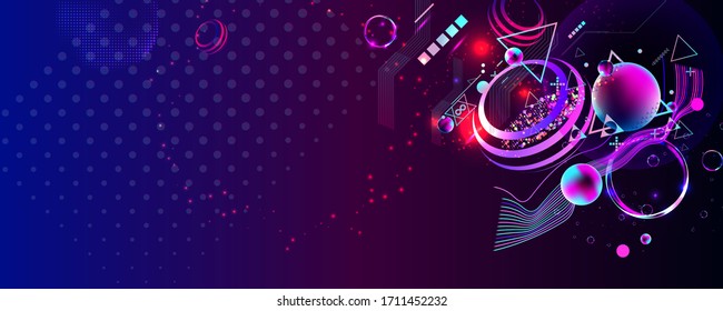 Poster horizontal space background star vector universal. Flat galaxy with abstract shape and planets futuristic wallpaper. Vector stock illustration