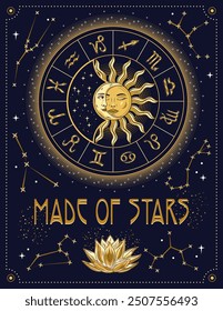 Poster with horoscope wheel with golden shiny zodiac signs, sun eclipse, zodiacal constellations. Text Made of Stars. Mystical astrological illustration in vintage style.