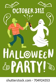 Poster with horror cartoon characters drinking alcohol. Welcome to Halloween party title. Editable vector illustration for your design.