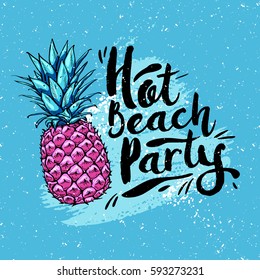 poster hot beach party with pink pineapple on a blue background. Design elements. Vector illustration.