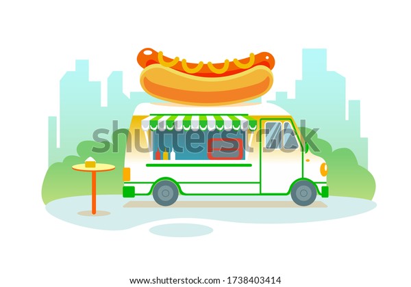 Poster with hot dog food truck in park on city\
background. Summer fast food festival isolated vector illustration.\
Street hotdog Cafe on wheels banner. Outdoor catering service.\
Retro car with meal.