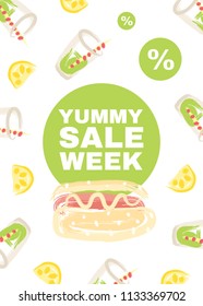Poster with hot dog, sweet soda water and lemon slices. Discount offer with inscription: "Yummy sale week".
