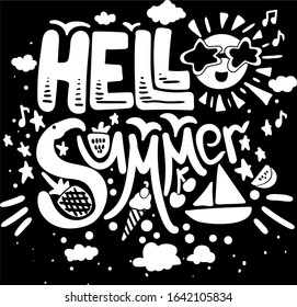 Poster Hot Hell Summer Original Hand Drawn Quote on Chalkboard Background. Sun in Stars Form Glasses, Yacht, Pineapple Fruit and Ice Cream Monochrome Template Vector Flat Illustration