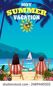 Póster de vacaciones de verano caliente en el complejo, pareja sentada en las tumbonas