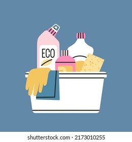 Poster with household chemicals, cleaners, rubber gloves, sponge, basin etc. For dishwashing, house cleaning and laundry.
Hand drawn vector illustration isolated on blue background.