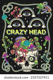 Poster with human skull, third eye, rainbow, mushrooms, stars. Funny crazy illustration in vintage style.