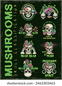 Poster with human skulls, mushrooms. Crazy mad skull with single eye and growing through skull mushrooms Surreal illustration for groovy, hippie, mystical, psychedelic design