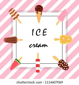Poster with ice cream and advertising vector illustrations of fresh dairy products. Ice cream icons.Striped background.