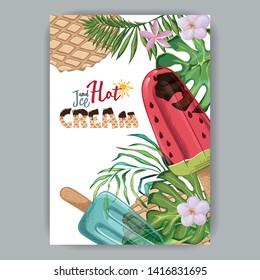 poster with ice cream and tropical green leaves, pink flowers, multi-colored ice cream drawn by hand