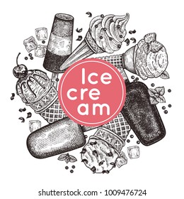 Poster with ice cream. Ice cream in waffle cones with chocolate crumb, berries, cookies and chocolate icing, ice lolly. Black and white. Vintage engraving. Vector illustration. For menu of cafe, sign.