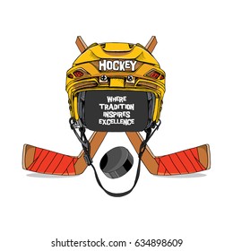 Poster with Ice Hockey Helmet, Stick and puck. Vector illustration.