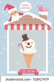 Poster of ice-cream cone decorated like snowman for Christmas festival with santa claus at roof house.