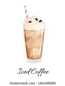 Poster with Iced coffee in a glass with cream. Vector illustration