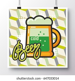 Poster with icon beer and phrase-Cold Beer against the background of a seamless pattern. Vector illustration for wallpaper, flyers, invitation, brochure, greeting card, menu.