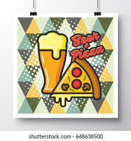 Poster with icon Beer and Pizza on a vintage pattern background. Vector illustration for wallpaper, flyers, invitation, brochure, greeting card, menu.