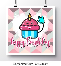 Poster with icon cupcake with a candle and phrase-Happy Birthday on a vintage pattern background. Vector illustration for wallpaper, flyers, invitation, brochure, greeting card, menu.