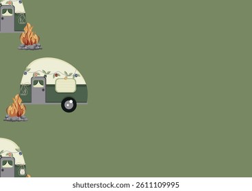 poster with an icon of a green camping trailer and a bright campfire with gray stones around it on a green background