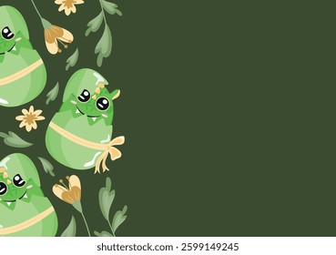 poster with an icon of a green dragon sitting in a green egg with a bow and yellow flowers on a green background, design for Easter decorations