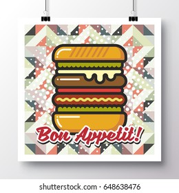 Poster with icon hamburger and phrase-Bon Appetit on a vintage pattern background. Vector illustration for wallpaper, flyers, invitation, brochure, greeting card, menu.