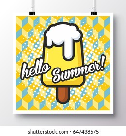 Poster with icon ice cream and phrase-Hello Summer on a vintage background. Vector illustration for wallpaper, flyers, invitation, brochure, greeting card, menu.