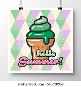 Poster with icon ice-cream and phrase-Hello Summer on a vintage pattern background. Vector illustration for wallpaper, flyers, invitation, brochure, greeting card, menu.