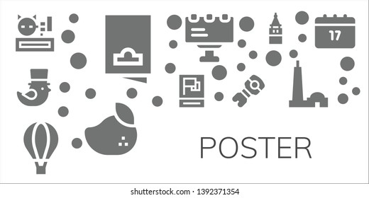 poster icon set. 11 filled poster icons.  Collection Of - Meow, Flyer, Saint Patrick, Propaganda, Hot air balloon, Stem, Billboard, Mango, Galata tower, Qutb minar