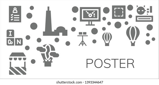 poster icon set. 11 filled poster icons.  Collection Of - Register, Qutb minar, Periodic table, Stand, Hot air balloon, Display, Marquee, Meow