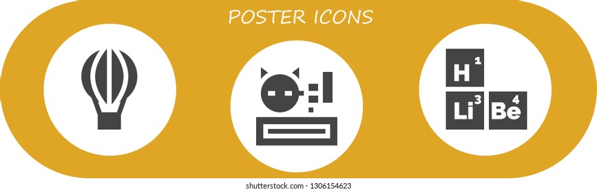 poster icon set. 3 filled poster icons.  Collection Of - Hot air balloon, Meow, Periodic table