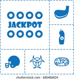 Poster icon. set of 6 poster filled and outline icons such as jackpot, water bottle, golf stick, american football helmet, donut