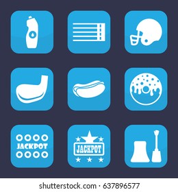 Poster icon. set of 9 filled poster icons such as nail polish, jackpot, hot dog, donut, water bottle, guitar strings, golf stick
