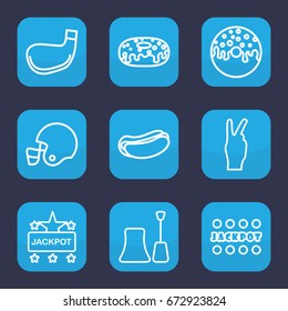 Poster icon. set of 9 outline poster icons such as nail polish, jackpot, hot dog, donut, golf stick, american football helmet