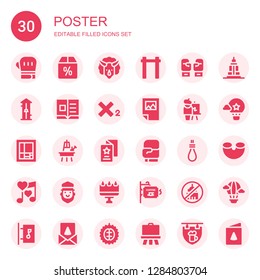 poster icon set. Collection of 30 filled poster icons included Boxing gloves, Offer, Triceratops, Pull up, Free fall, Flyer, Subscript, Poster, Easel, Mondrian, Hang, Romantic music