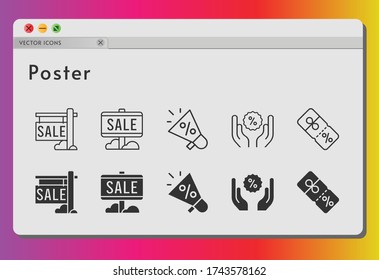 poster icon set. included megaphone, sale, discount icons on white background. linear, filled styles.