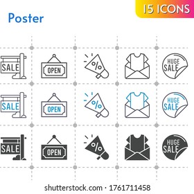 poster icon set. included megaphone, newsletter, sale, open icons on white background. linear, bicolor, filled styles.