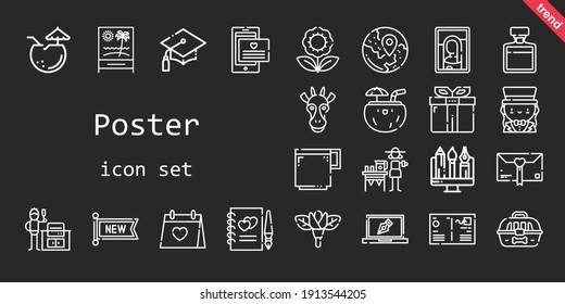 poster icon set. line icon style. poster related icons such as gift, new, wedding day, lemonade, bbq grill, picture, flower, coconut, cage, guests book, coffee cup, graduation, postcard, giraffe