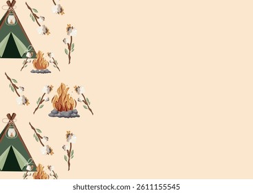poster with an icon of a small, green tent for hiking or camping and a bright bonfire and marshmallows on a stick on a brown background