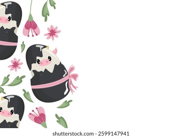 poster with an icon of a spotted cow sitting in a black egg with a bow and pink flowers, design for Easter decorations