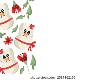 poster with an icon of a white rooster sitting in a white egg with a bow and red flowers, design for Easter decorations	