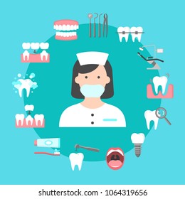Poster with icons of dental clinic services. Circle of information icons with dental clinic services and dentist in centre. Flat icons set of orthodontics oral cavity extraction implant crown symbols