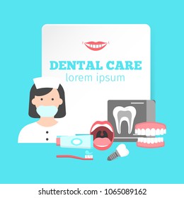 Poster with icons of dental clinic services. nformation icons with dental clinic services and dentist. Flat icons set of orthodontics oral cavity extraction implant crown symbols