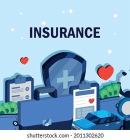 poster with icons insurance car and medicine