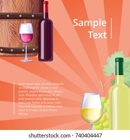 Poster with icons and sample text presenting barrels with alcoholic drinks, glasses with different types of wine and grapes vector illustration