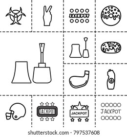Poster icons. set of 13 editable outline poster icons such as nail polish, jackpot, donut, water bottle, golf stick, american football helmet, peace