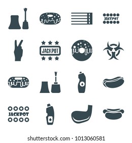 Poster icons. set of 16 editable filled poster icons such as nail polish, jackpot, hot dog, donut, water bottle, guitar strings, golf stick, peace