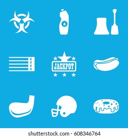 Poster icons set. set of 9 poster filled icons such as nail polish, Jackpot, hot dog, donut, water bottle, guitar strings, golf stick, american football helmet