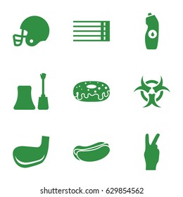 Poster icons set. set of 9 poster filled icons such as nail polish, hot dog, donut, water bottle, guitar strings, golf stick, american football helmet, hazzard