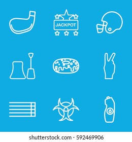 poster icons set. Set of 9 poster outline icons such as nail polish, Jackpot, donut, water bottle, guitar strings, hazzard, golf stick, american football helmet