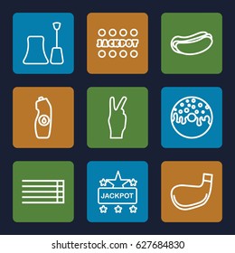 Poster icons set. set of 9 poster outline icons such as nail polish, Jackpot, hot dog, donut, water bottle, guitar strings, golf stick